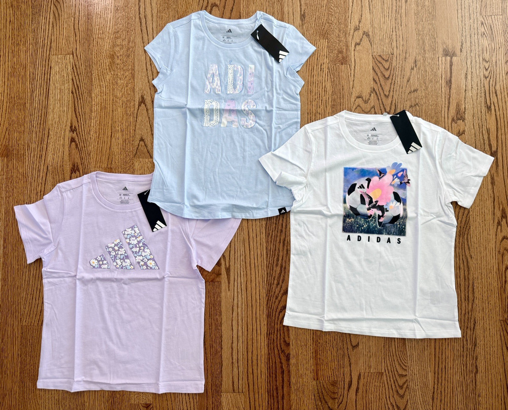 NWT - Lot of 3 Adidas short-sleeve shirts. Girls Size Medium (10/12).